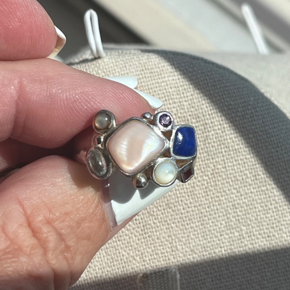 Vintage Ring signed 925 LT lapis, pearl, amethyst garnet aquamarine sz 9. - Picture 9 of 11